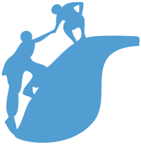 Graphic depicting a person helping another person up a steep slope